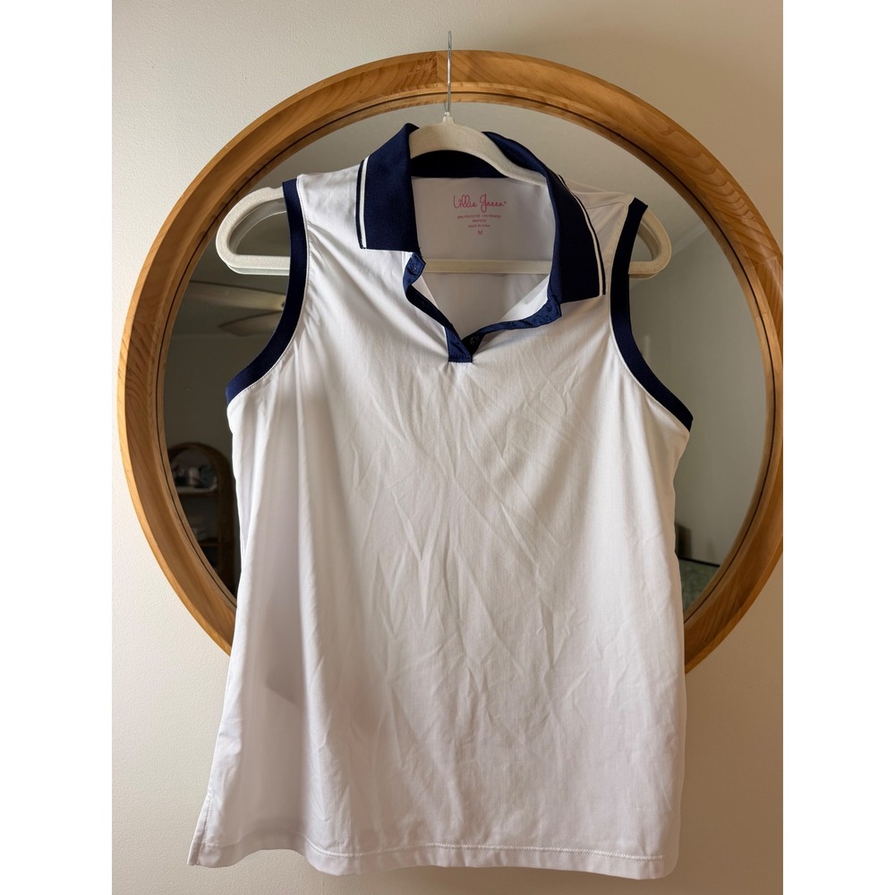 Lillie Green Polo Shirt Womens M White Excellent Sleeveless Navy Trim Golf Top